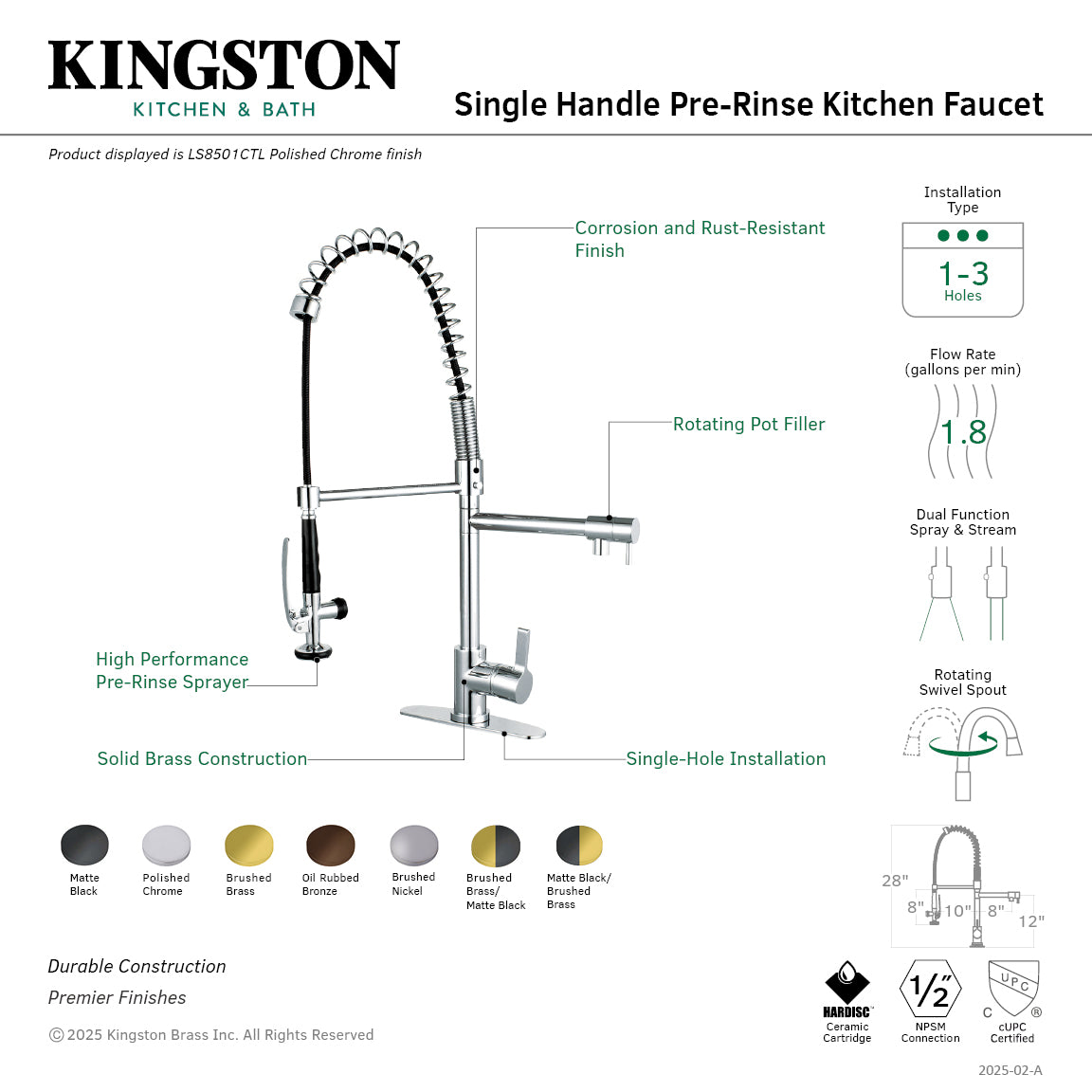 Kingston Sona LS850CTLBBMB - Continental Single-Handle 1-Hole Deck Mount Pre-Rinse Kitchen Faucet, Brushed Brass/Matte Black — thumbnail 2